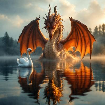 Primary subject: A dragon and a swan in a body of water.

Setting/background: The dragon and the swan are in a body of water, with a forest visible in the background.

Visual style: The image is a digital artwork.

Colors and mood: The image has a warm and serene atmosphere, with the dragon and swan being the main focus.